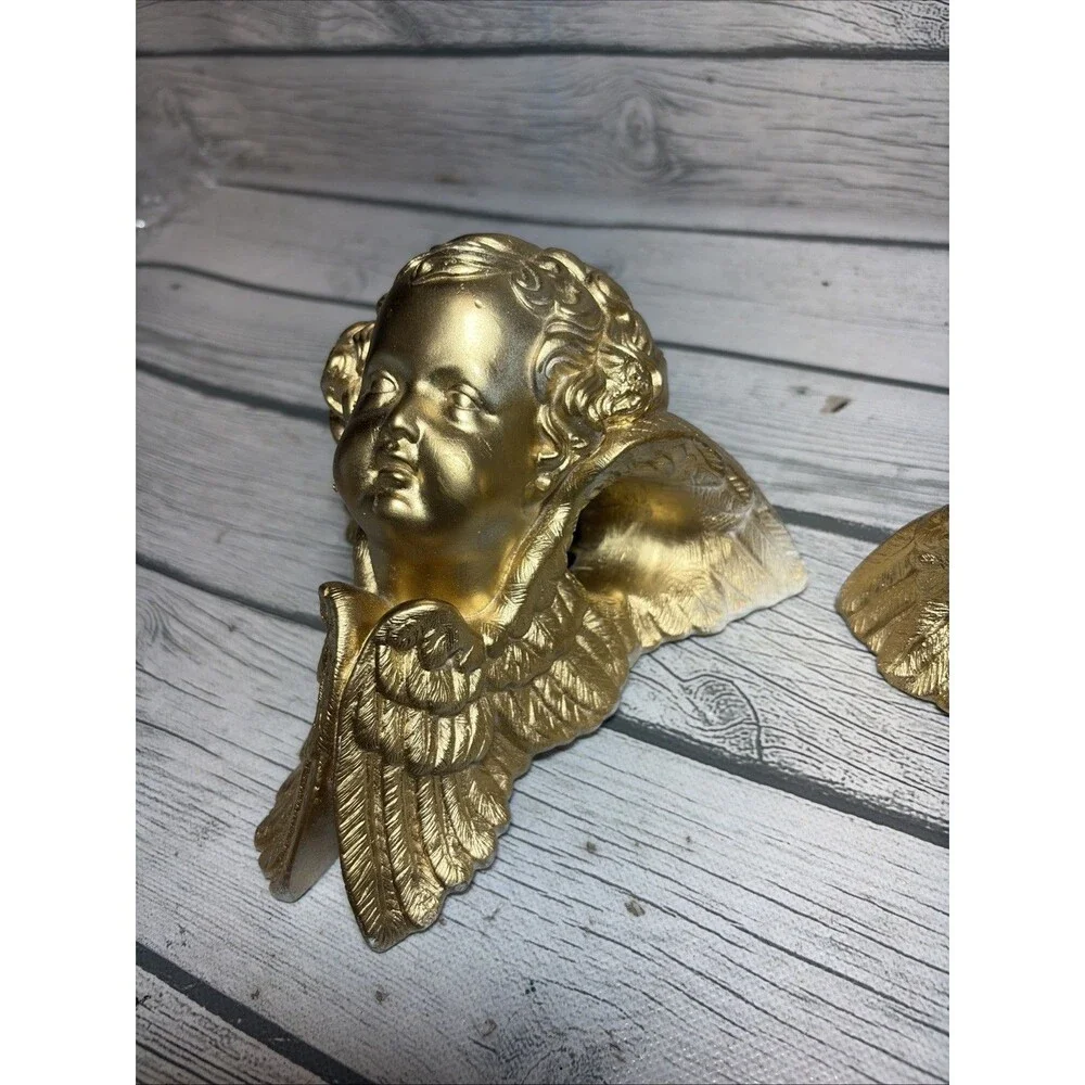 2 Vintage Hard Plaster Cherub Drapery Curtain Rod Wall Sconce Swag Holders